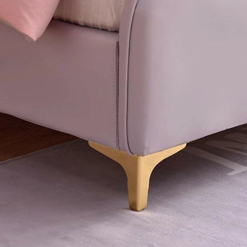 Regal gold legs under plush pink bed, children’s bedroom furniture, queen size kids bed, faux leather