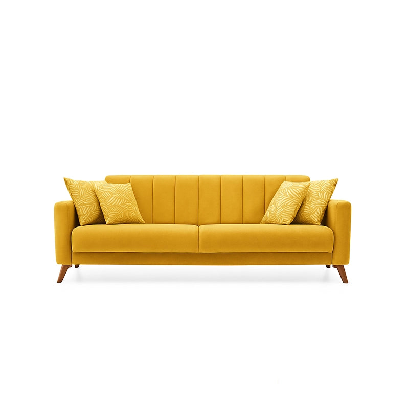 Upholstered in soft grey velvet-touch fabric, each sofa and couch piece features vertical channel tufting and tapered walnut-finish wooden legs for a sleek, elevated silhouette. 