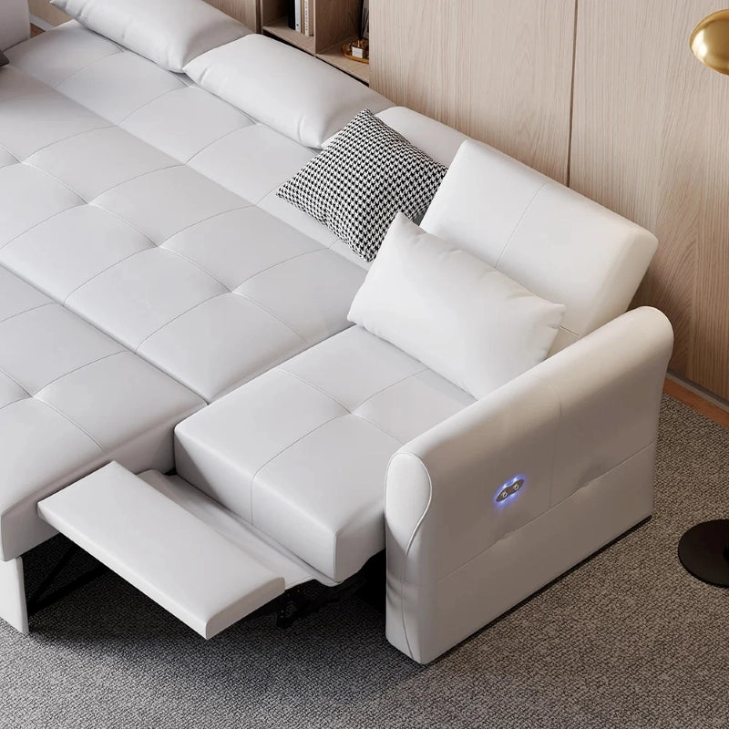 Upholstered in easy-clean faux leather, its right-hand chaise and manual pullout system transform it from a plush 3-seater into a roomy king-size sleeping area.