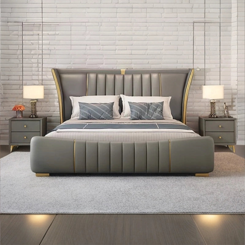 Full footboard with channel details, modern bed design + bed online + white and green shades

