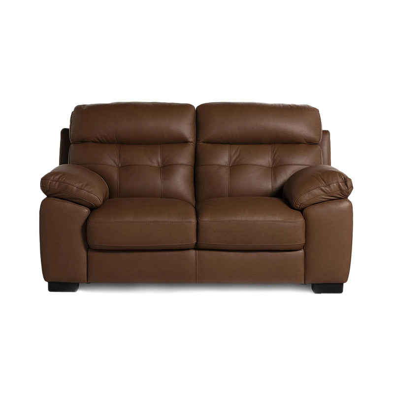 With genuine top-grain leather in a rich tan brown hue, this couch offers a medium-depth seat and pillow-top arms, ideal for lounging.