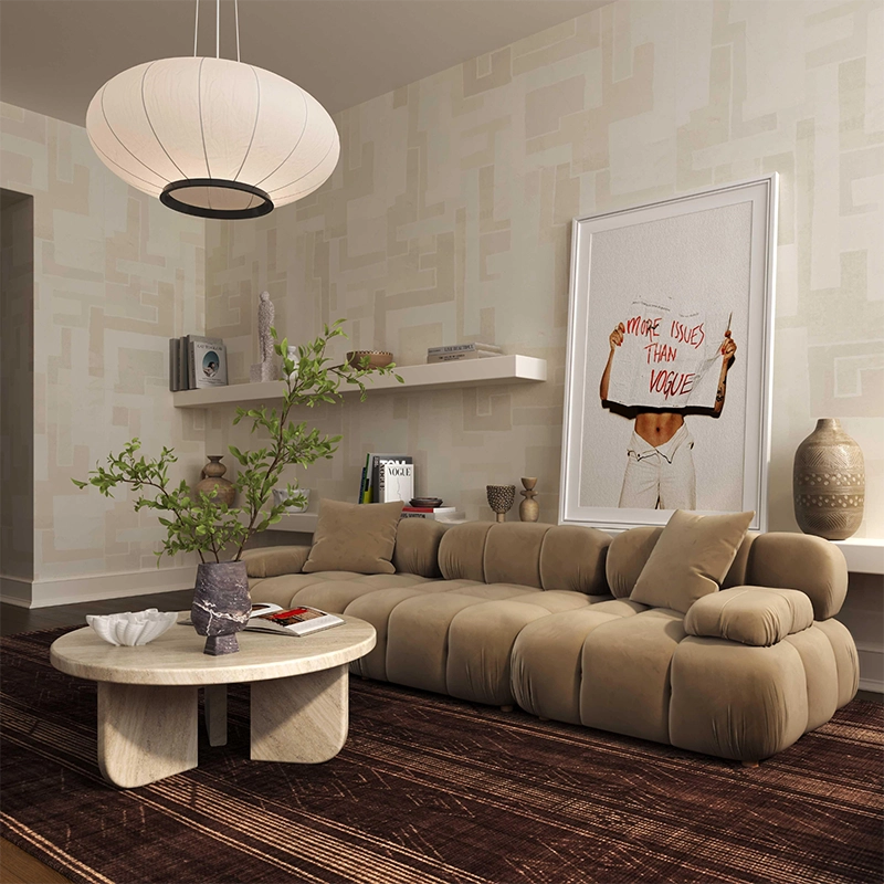 Beige velvety texture and bolster arms – modern sofa design + sofa set design + 3 seater