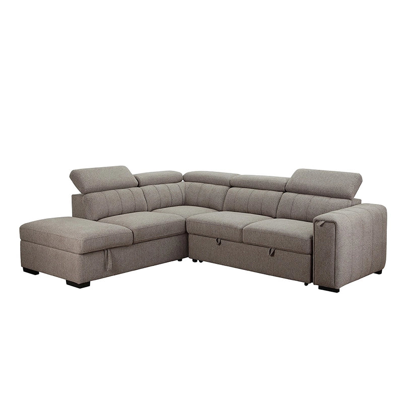 Its grey woven polyester blend upholstery features subtle texture and channel tufting for added visual appeal.