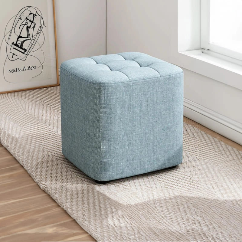 Green pouffe stool cube – ottoman seating, living room ottoman – stitched grid pattern, fabric finish