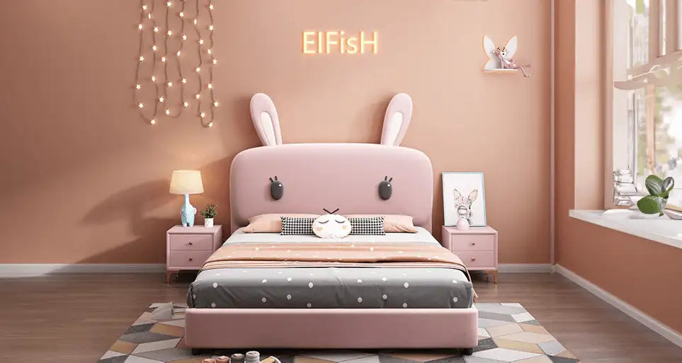Rounded corner soft frame kids bed children’s furniture store blush upholstery