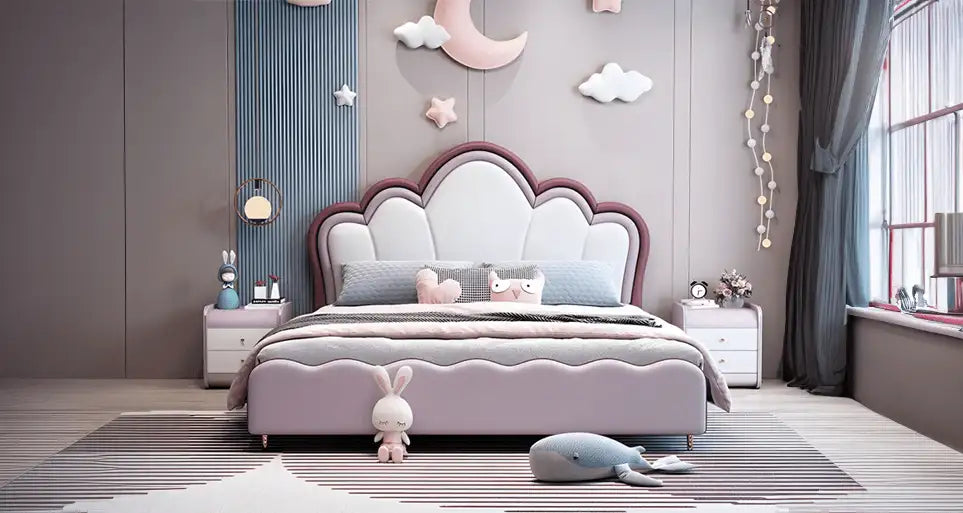 Wavy footboard blush-pink finish – children’s bed with mattress + kids bedroom furniture photo