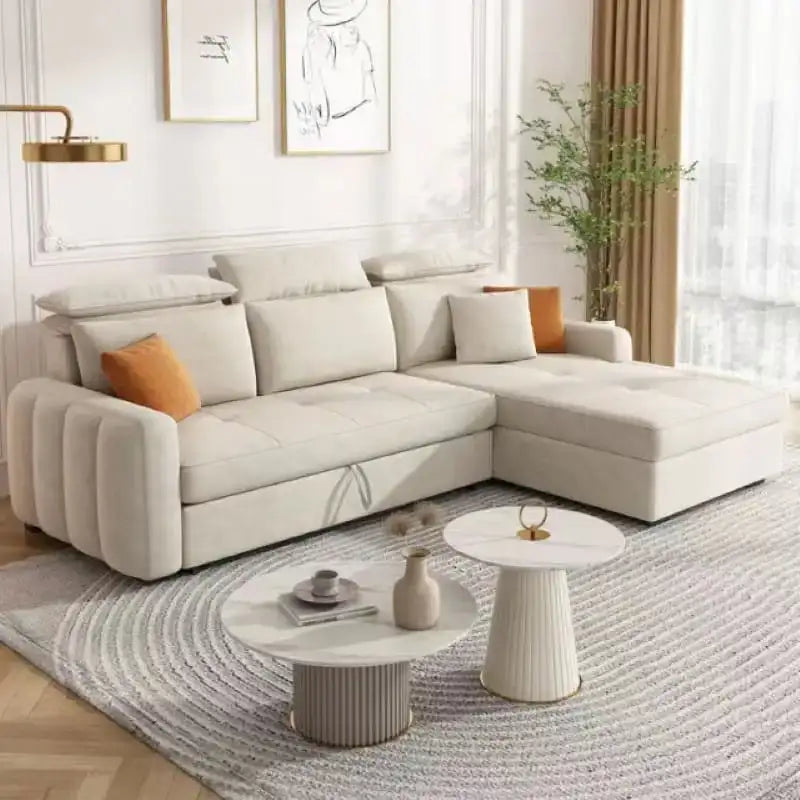 L-shaped design with beige-grey fabric, sleeper sofa and couch sleeper details visible