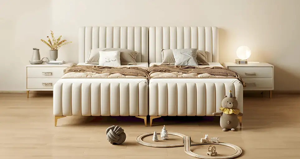 Gold-tipped wooden legs on upholstered twin | kids twin bed + bacchon ka bed | wood frame