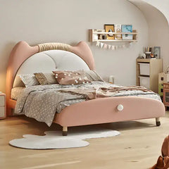 Pastel pink kids bed with pom-pom handle, kids bedroom furniture, children’s bed with mattress