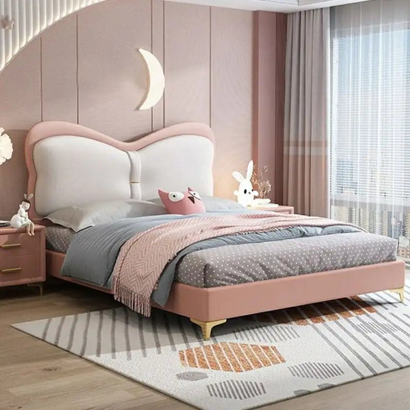 Golden metal legs support photo – queen size kids bed + children’s bedroom furniture – pink tone