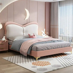 Golden metal legs support photo – queen size kids bed + children’s bedroom furniture – pink tone