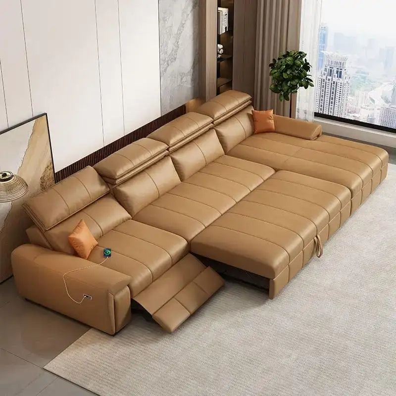 USB charging armrest picture highlighting l shape sofa cum bed and sofa bed couch setup.