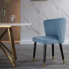 Vertical tufted blue chair design + set of dining chairs + Nova fabric + gold feet + plush seat