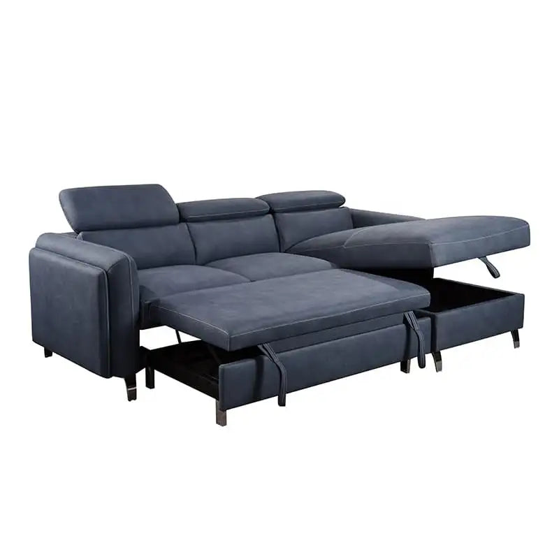 black metal legs detail on navy fabric – l shape sofa cum bed, convertible sofa bed