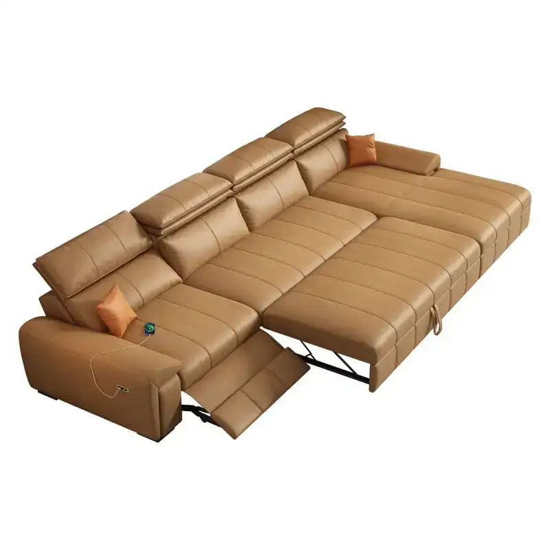 Brown sectional sofa with reclining feature on a white background