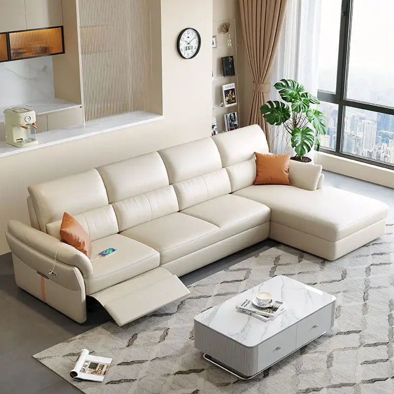 Modern urban interior L-shape sleeper sofa bed design grey faux leather