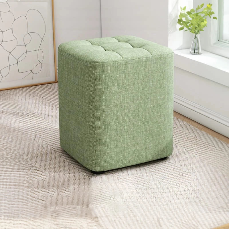 Green pouffe stool cube – ottoman seating, living room ottoman – stitched grid pattern, fabric finish